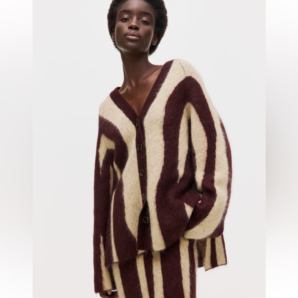 H&M Oversized V-Neck Button Cardigan in Cream & Burgundy Stripes